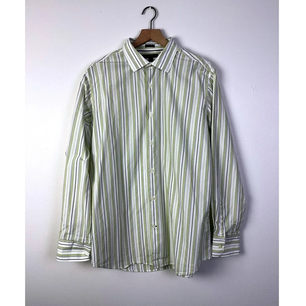 Banana Republic Preppy Slim Striped Dress Shirt Woven in Italy White Green‎ XL